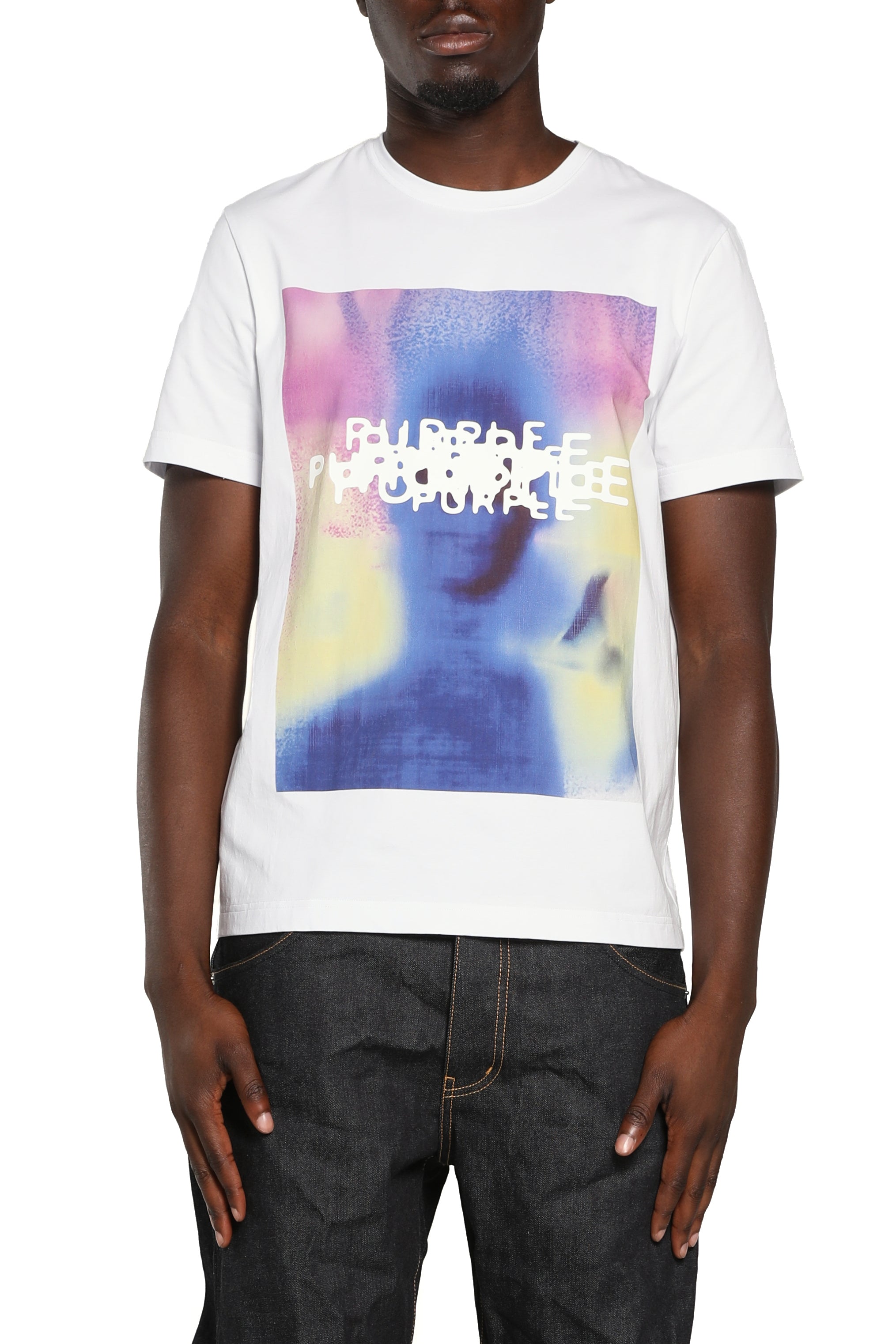 Purple Brand PB Clean SS Tee in white, regular fit cotton jersey knit with White Label and short sleeves